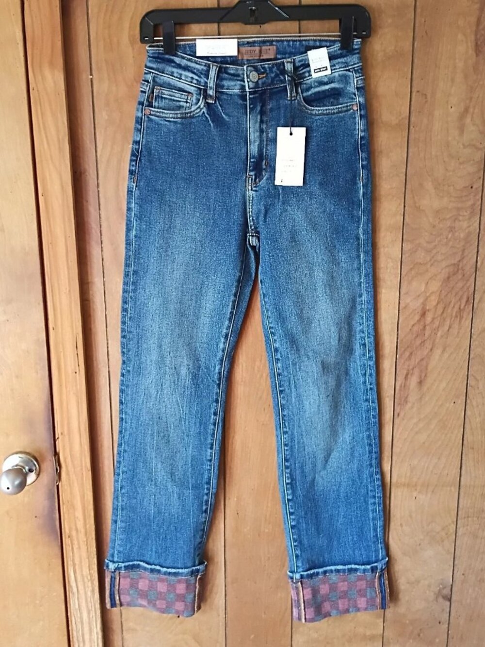 Judy Blue High Waist Jeans Size 1/25 NWT Plaid Cuff Boutique Denim - Picture 1 of 8